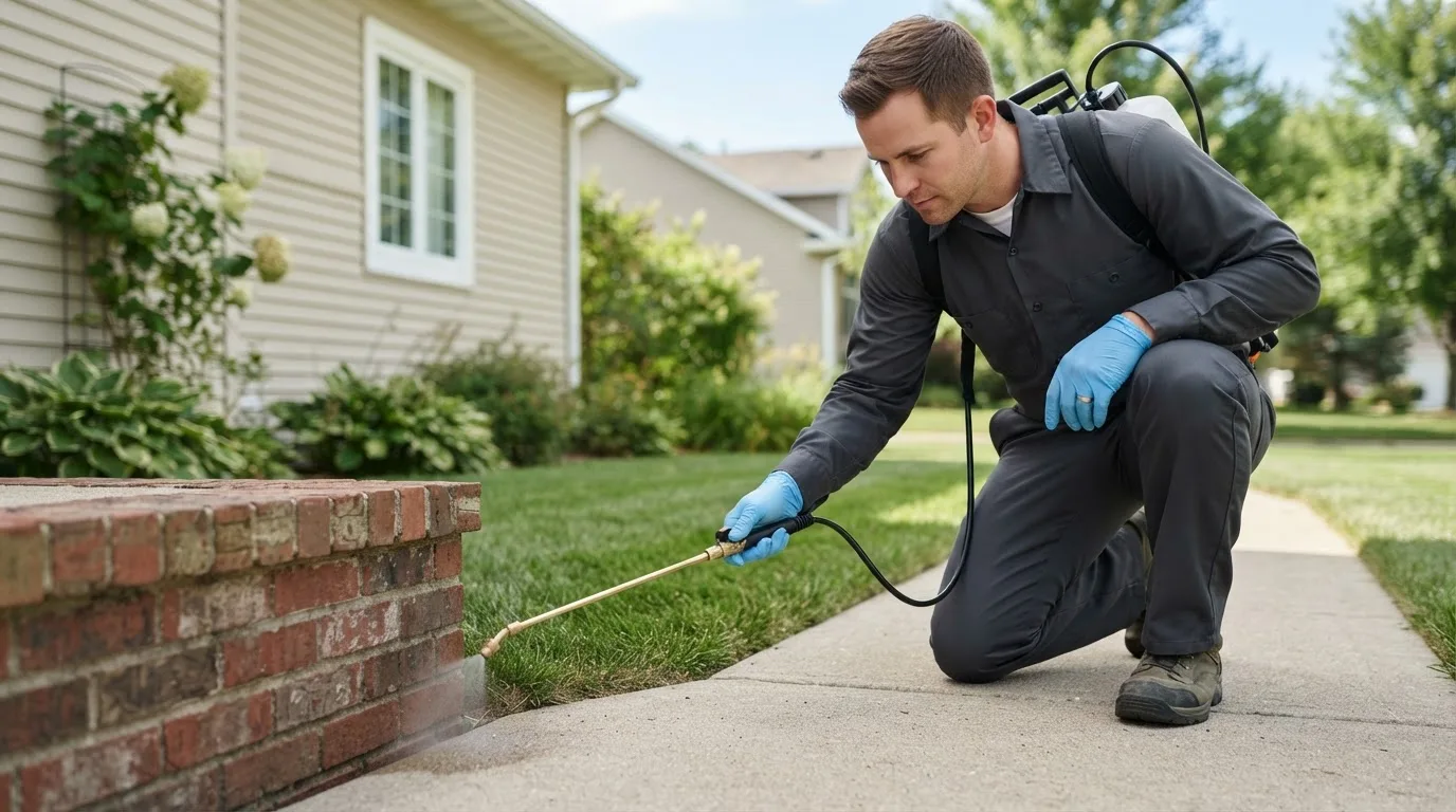 Pest control technician treating a home near Rinard, IL