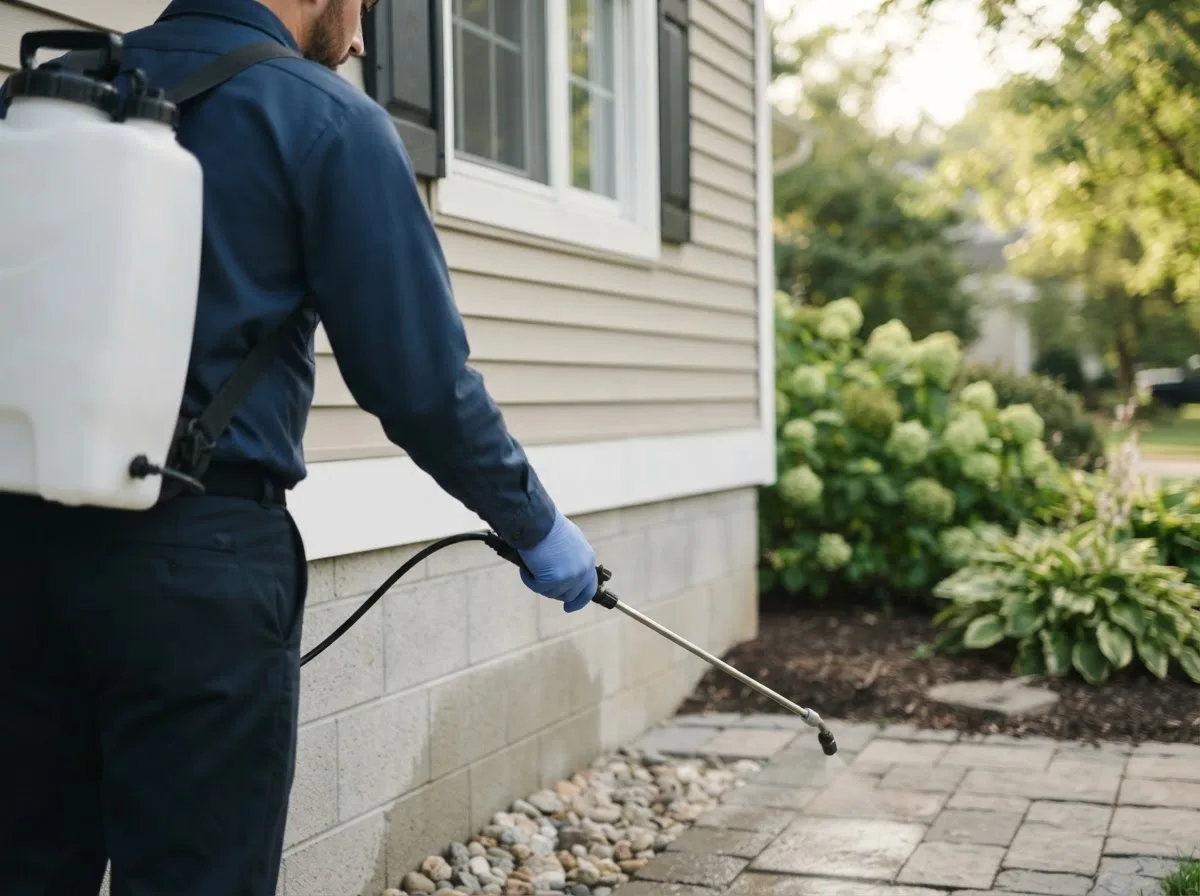 Pest control technician inspecting a home in Rinard, IL